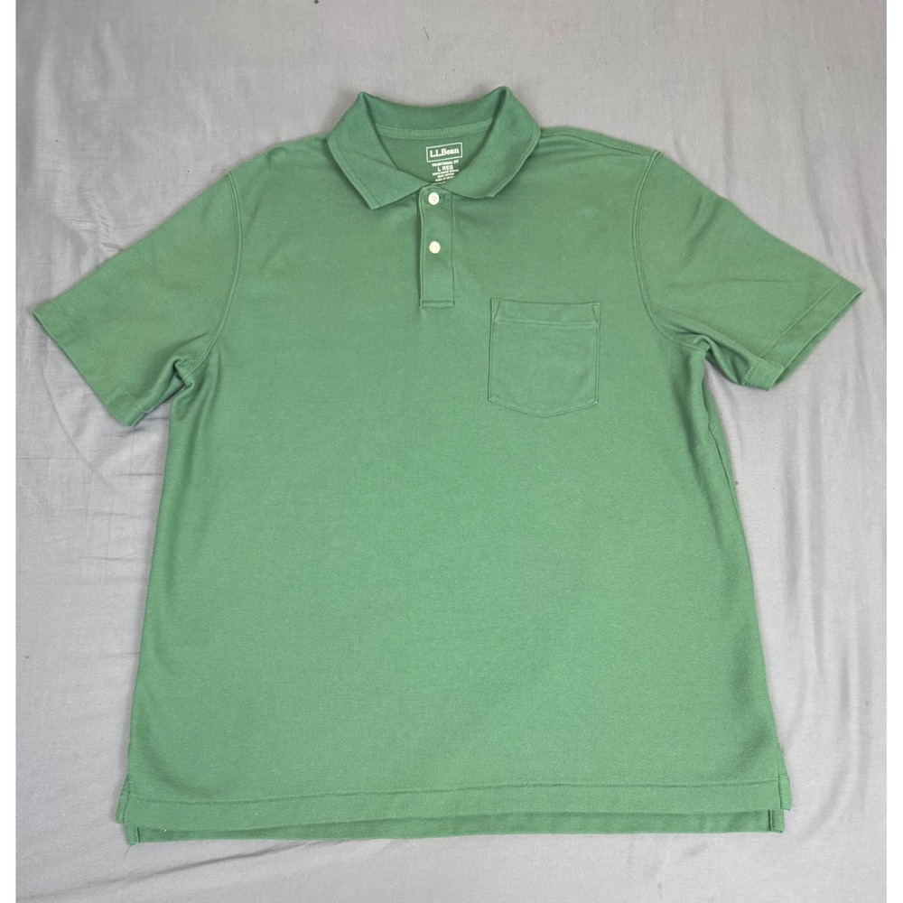 LL Bean Mens Traditional Fit Cotton Pique Polo Shirt Green Large Casual